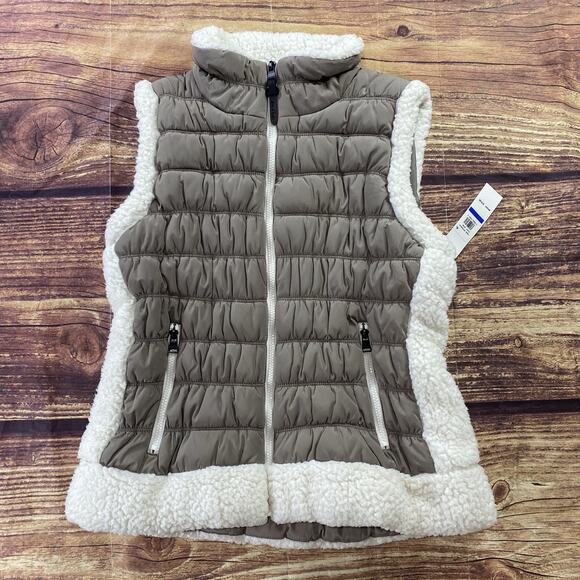 Calvin Klein Puffer Vest Sherpa Lined Full Zip Taupe Women’s Size XL Brown - Picture 1 of 7
